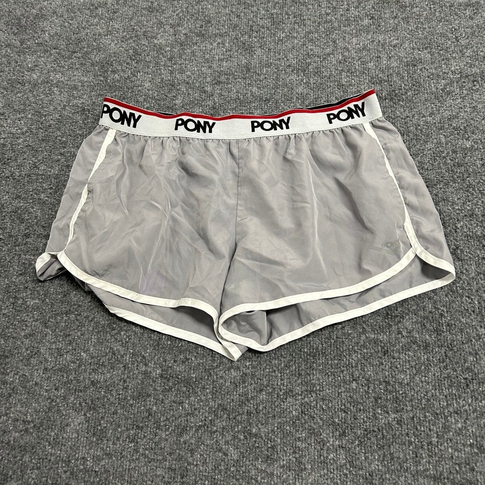 PONY Shorts Womens Size S Gray Athletic Running Logo Waistband Dolphin Hem Stain